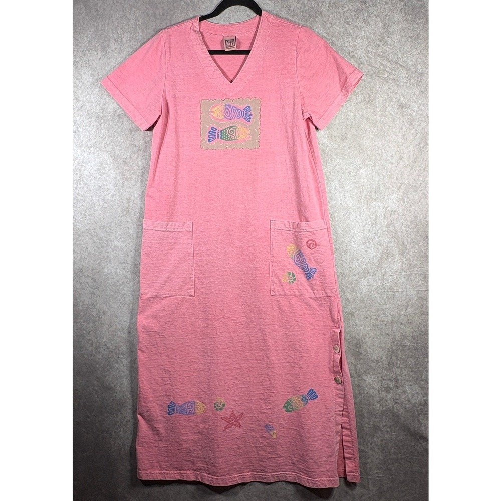 Vintage Viva City T-Shirt Dress Womens Small Pink Fish Print‎ Short Sleeve Artsy